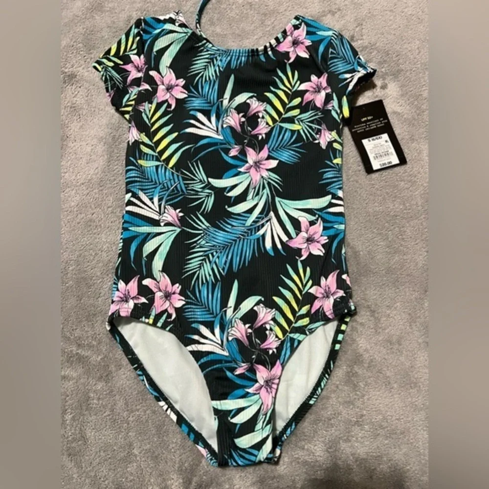 Girls' Tropical Print Open-Back Short Sleeve One Piece Swimsuit art class 6/6x